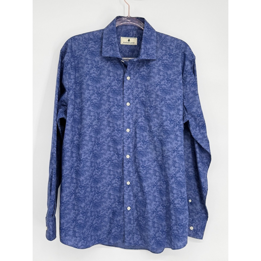 Southern Pines Mens Blue Floral Print Long Sleeve Button Down Shirt Size‎ L